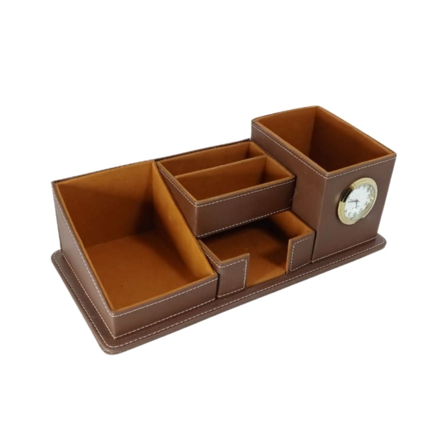 Multi-Compartment Faux Leather Desk Organizer with Clock